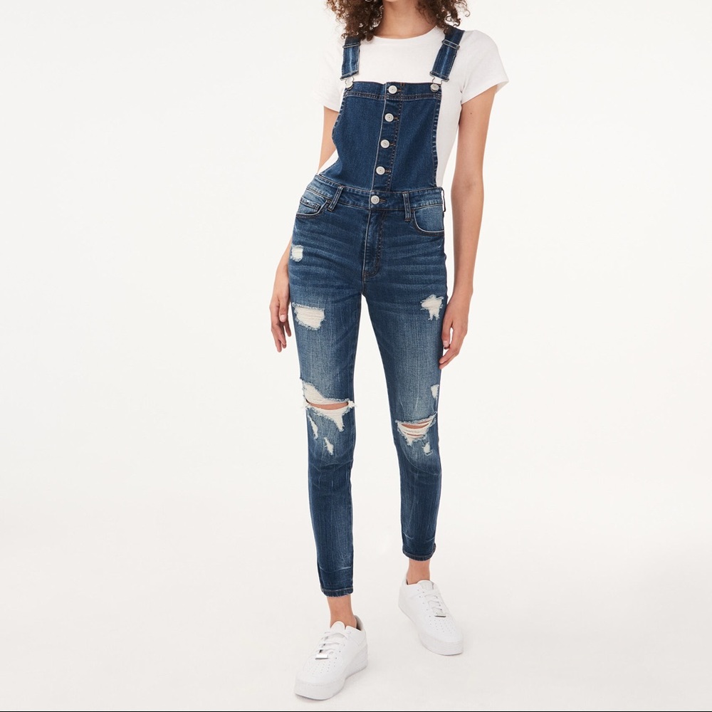 Dark wash denim overalls
